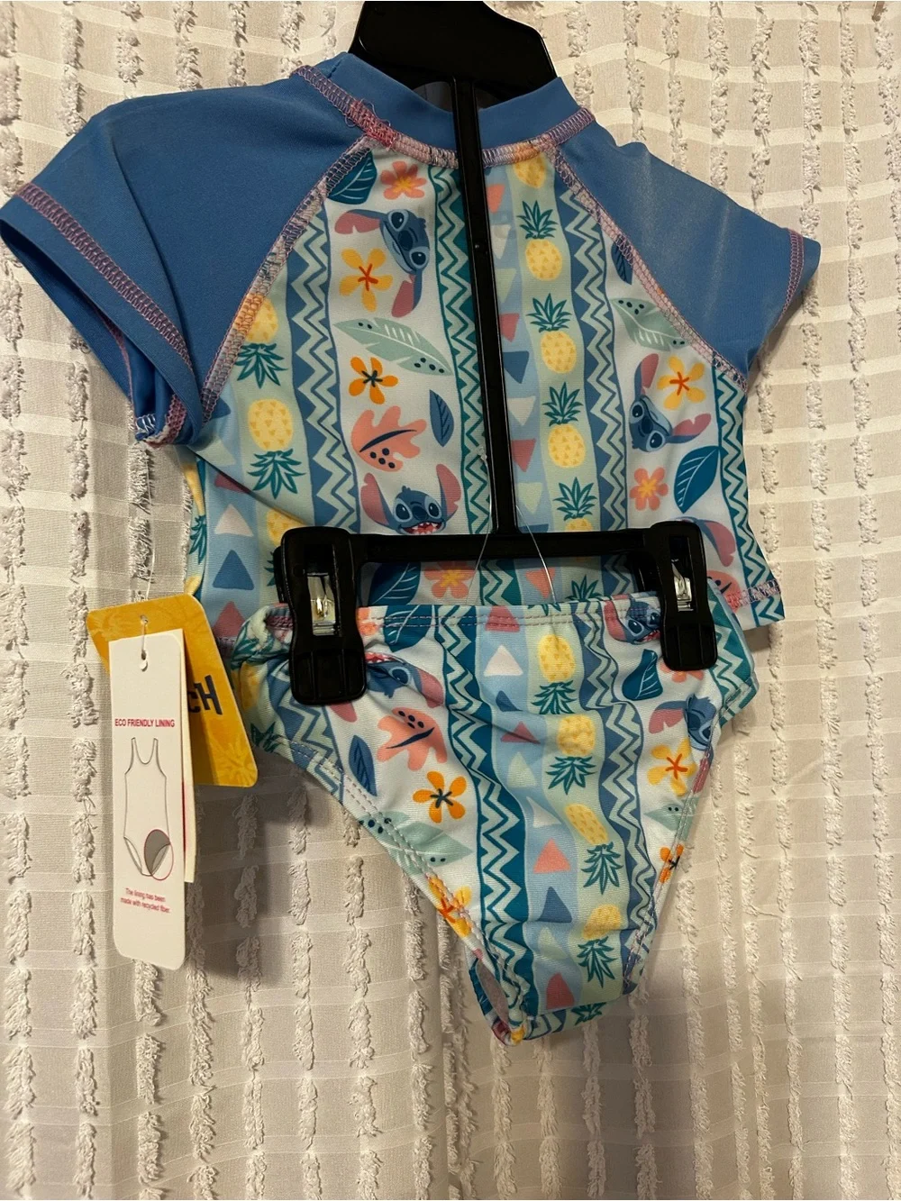Disney Stitch Baby Girls 2PC Rash Guard Swimsuit Set Blue UPF 50+ 12M NEW
